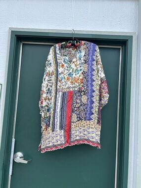Johnny Was Multicolor Floral Patchwork Tunic with Purple and Red Accents